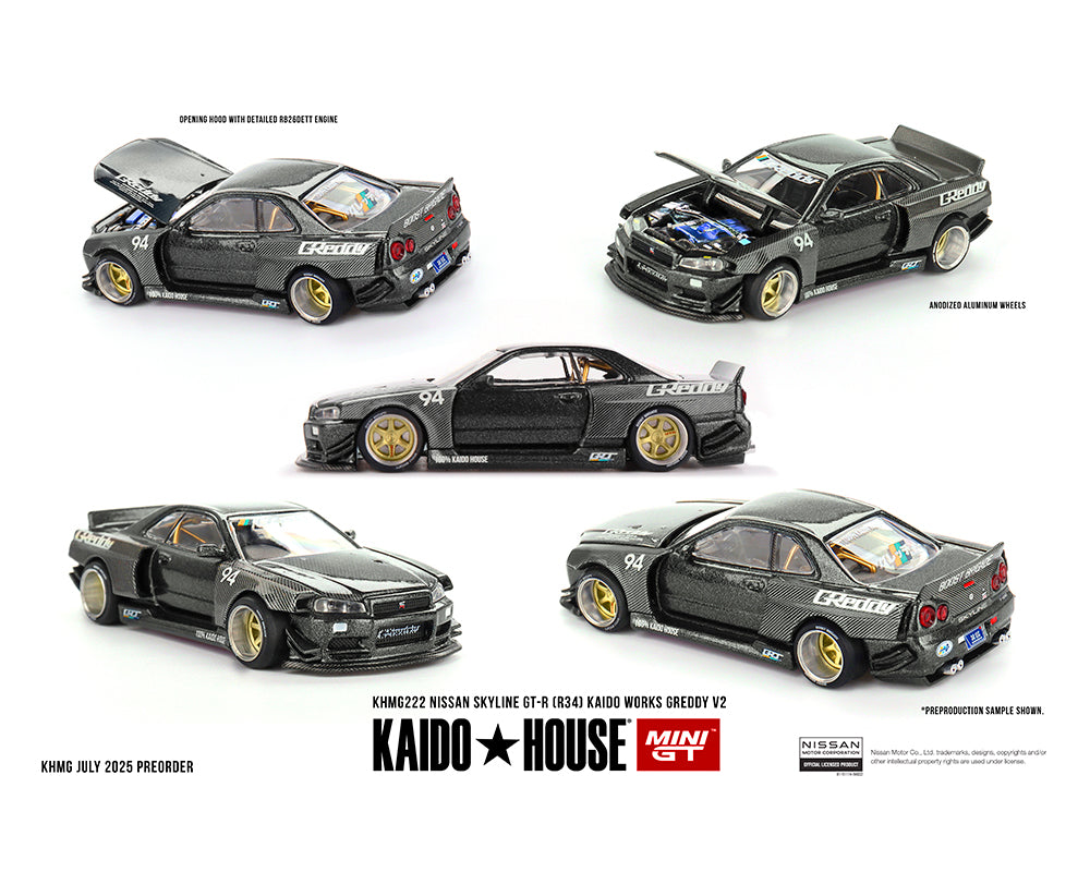 (Preorder) Kaido House x Mini GT 1:64 Nissan Skyline GT-R (R34) Kaido Works GReddy V2 – Black w/ Carbon